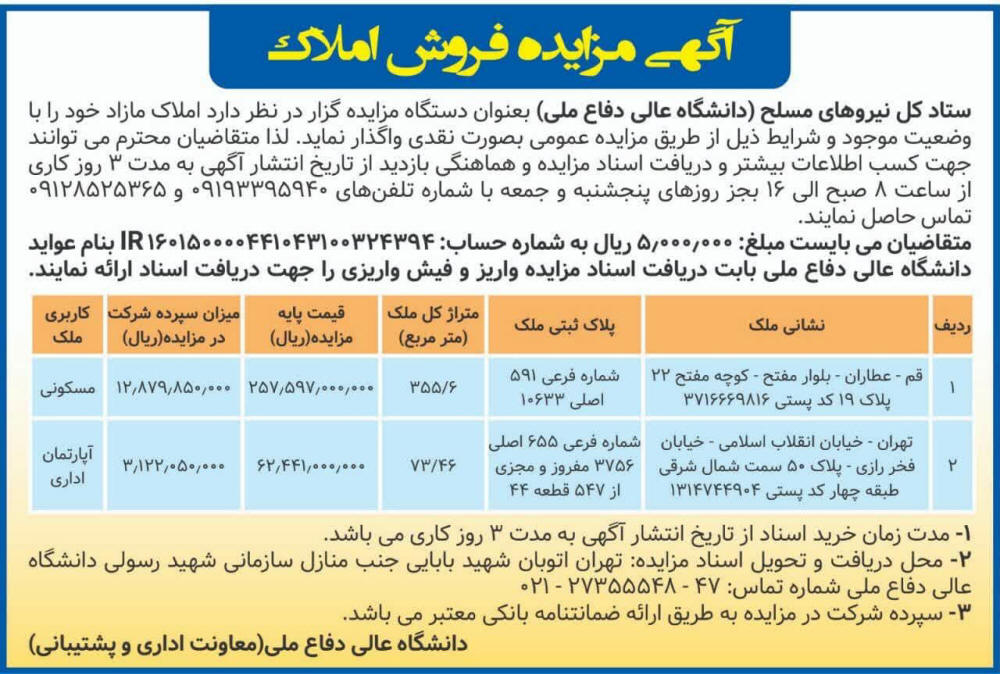 روزنامه همشهری - آگهی مزایده فروش املاک مازاد