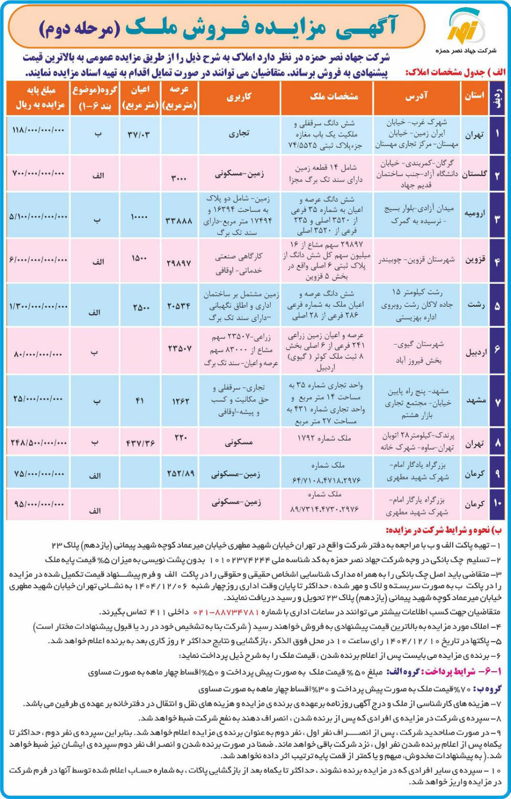 روزنامه جمهوری - آگهی مرحله دوم مزایده املاک به بالاترین قیمت پیشنهادی
